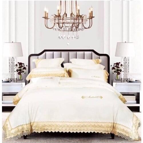 Noble White 100S Egyptian cotton Tencel Silky Bedding set Queen King Luxury Lace Edge Royal Duvet cover Bed sheet set Europe 4pc