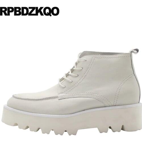 Booties White Ankle High Sole Shoes Men Full Grain Leather Boots Fall Wedge Lace Up Thick Soled Top Short European Platform Heel