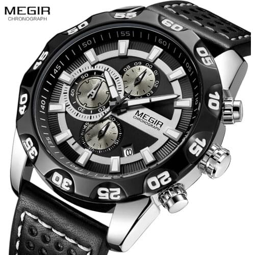Megir Leather Strap Sports Watches Men Chronograph Quartz Waterproof 3 Bar Military Wrist Watch Man Relogios Clock 2096G Black