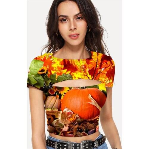 Somepet Pumpkin T-shirt Women Halloween Hollow Out T shirts Flower Shirt Print Maple Leaf T-shirts 3d Short Sleeve Punk Rock