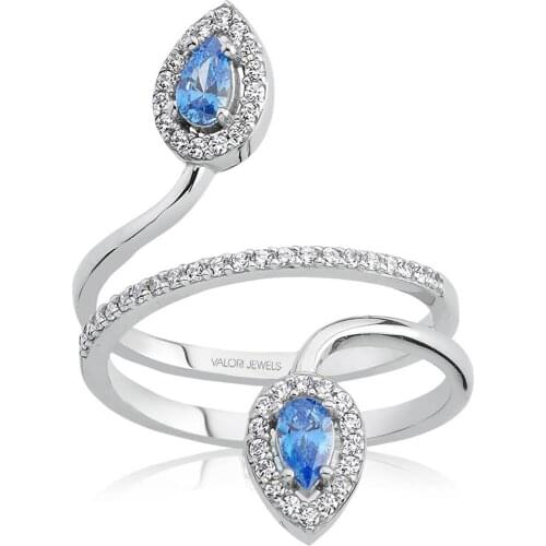 Valori Jewels 0.40 Carat, Zirconia Fancy Blue And White Pear Gemstone, Rhodium Plated, Sterling Silver Ring