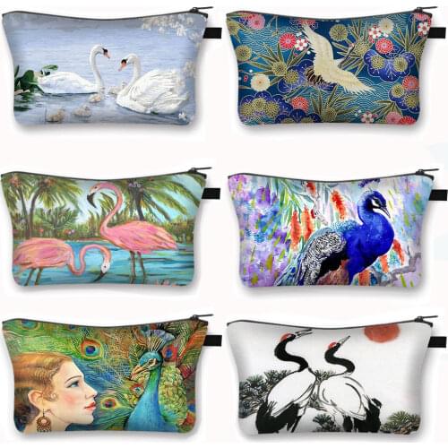 Crane / Peacock Cosmetic Case Women Makeup Bags Ladies Lipstick Storage Bags for Travel Girls Casual Cosmetic Bag Organizers