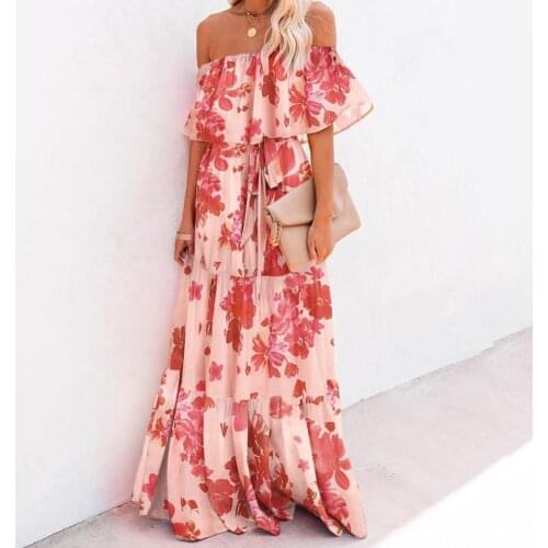 Summer Sexy Sleeveless Beach Midi Dresses Party Off Shoulder Women Dress Floral Print Thin Large Hem Belt Maxi Dress Streetwear