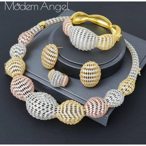 ModemAngel Luxury Super 3 Tone Boom Flowers Cubic Zirconia Women Engagement Party Width Necklace Earrings Bracelet Ring Full Set