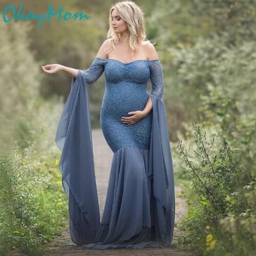 2019 New Maternity Dresses For Photo Shoot Pregnancy Photograph Props Sexy V Neck Blue Chiffon Lace Trumpet Dresses For Pregnant