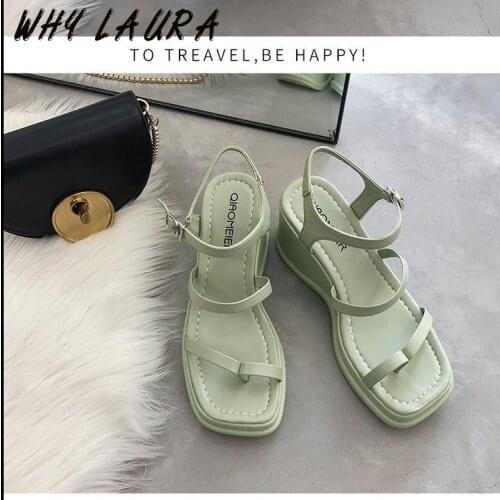 Korean version square head retro casual sandals with sloping feet naked lace-up casual sandals simple Roman shoes fashion summer