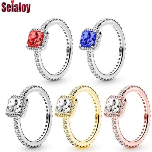 Seialoy Shiny Square Zircon Rings For Women Girls Original Red Blue Crystal Ring Wedding Rings Fine Stackable Ring Jewelry Gift