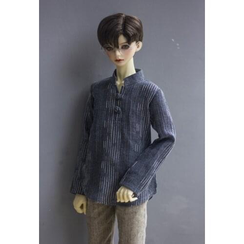 BJD doll clothing is suitable for 1/3 1/4 size gray blue stripe republican style vintage stand collar hemp shirt accessorie
