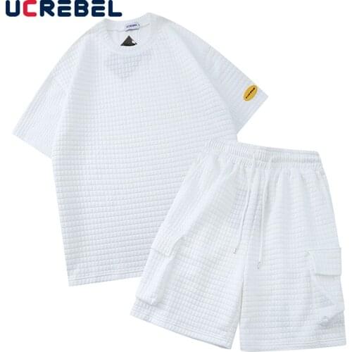 Waffle Texture Short Sleeve Tracksuit Mens Solid Color Two-piece Sets Summer Loose Casual Suit Men