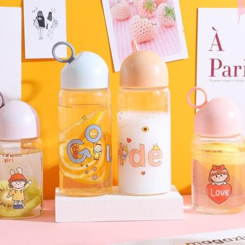 Glass Water Bottle Portable Leak Proof Transparent Drinking Bottle for Girl Travel Sports Bouncing Cup Lid Bottles Glass Mug