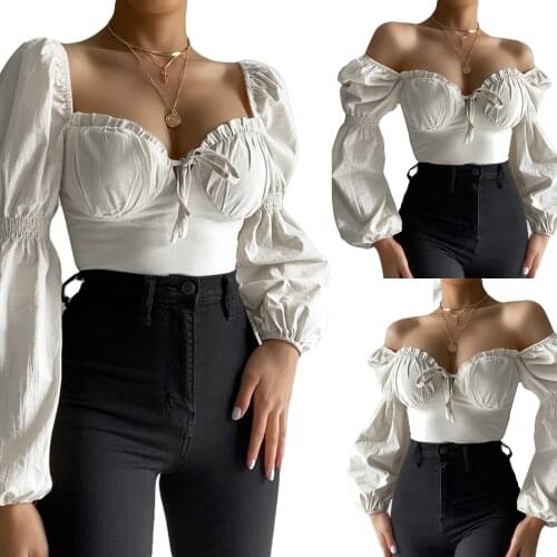 Women’s Casual Puff Sleeve T-shirt Fashion Solid Color Tie-up V-neck Exposed Navel Tops 2021 New Fashion