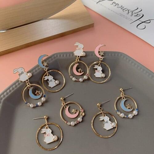 3D Cute Rabbit Drop Earring Korea Enamel Graze Oil Women Dangle Earrings Moon Star Asymmetry Girl Sweet Jewelry friendship Gift
