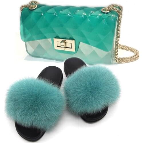 Women Fox Fur Slippers Summer New Multicolor Fur Slippers Real Fox Fur Fip-flops New Fashion Jelly Chain Bag Gradient Color Bag