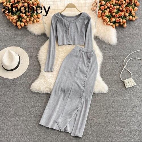 2021 New Spring Autumn Fashion O-neck long sleeve short T-Shirt Top + single breasted high waist split long Skirt two-piece set