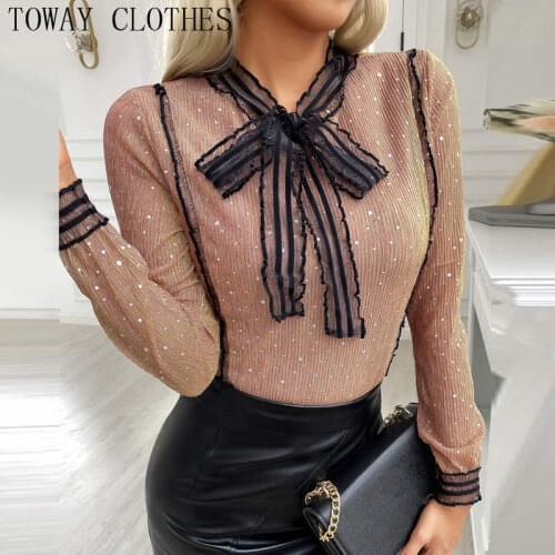 Women Tie Neck Colorblock Frill Hem Studded Mesh Top Chic Shirt Blouse Spring Clothing