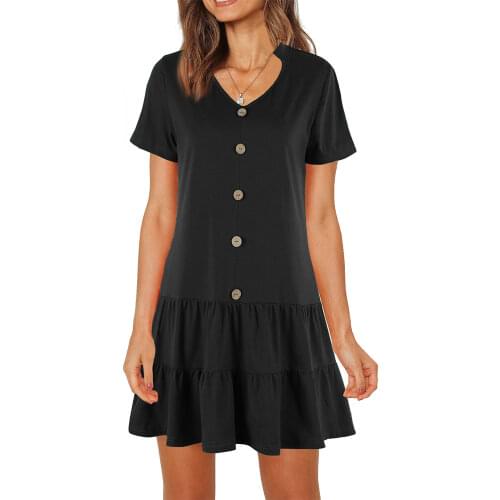 MISSJOY Casual Summer Dresses Women Short Sleeve V-neck Solid Color Pleated Fashion High Waist Button Street Short Mini Dress