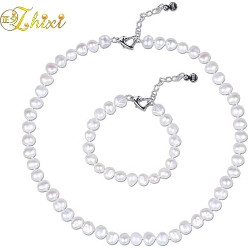 [ZHIXI] Natural Freshwater Pearl Jewelry Set 8-9mm Baroque Pearl Fashion Women Necklace and Bracelet Party Wedding