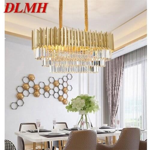 DLMH Gold Chandelier Postmodern Crystal Rectangle Pendant Lamp Home LED Light Fixture for Living Dining Room