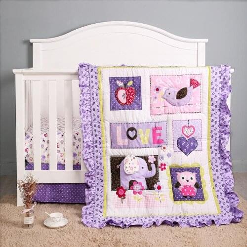 3PCS Purple Baby Bedding Girl And Boy 3D Print Crib Set Comforter Toddler Bed Room decoration, Fiteed Sheet +Dust Ruffle+Duvet