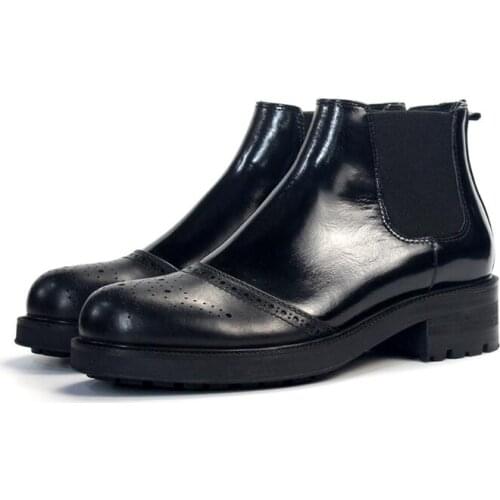 Winter High Top Ankle boots Genuine Leather Black Fashion Chelsea Boots Male Slip on Round toe increase Brogue Shoes