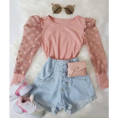 FOCUSNORM 2pcs Fashion Autumn Girls Clothes Sets 1-6Y Polka Dot Long Puff Sleeve Knit Tops Denim Button Shorts