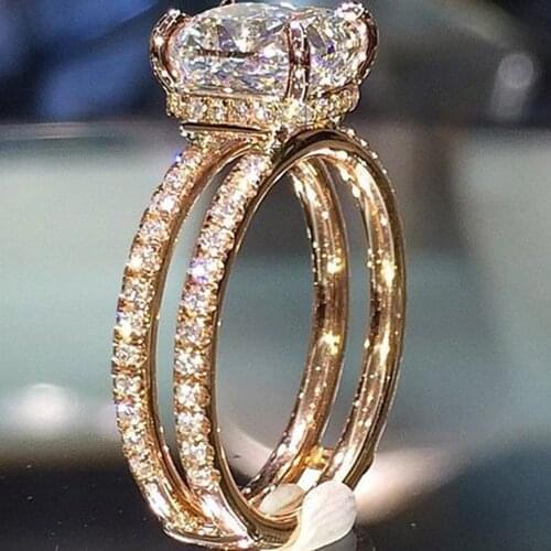 Double Loop Prong Setting Cube CZ Ring Gold Color Full Micro Crystal Brand Ring For Female Proposal Engagement Wedding Jewelry