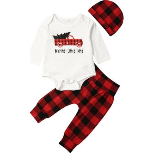 Toddler Boy Clothes My First Christmas Kid Baby Boy Car Print Bodysuit Tops Plaids Pants Hat 3pcs Outfit Set