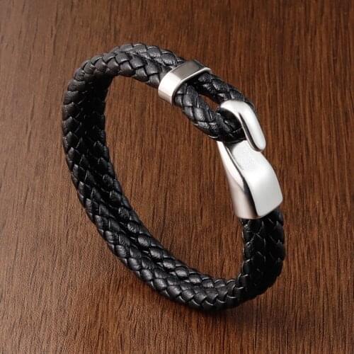 2021 New Style Hand-woven Accessories Combination Stainless Steel Mens Leather Bracelet Steel Color Jewelry