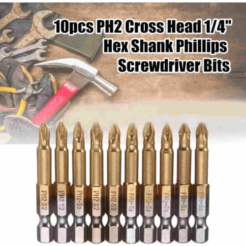 10pcs/Lot Screwdriver Bits PH2 Cross Head Screwdriver Bit Sets Anti-skid 1/4 Inch Hex Shank Tool 50mm
