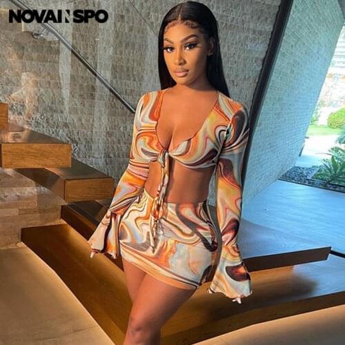 NOVAINSPO Ripple Print Mesh Ruffles Tie Up Matching Sets For Women Long Sleeve Top And Skirt Bodycon Two Piece Outfits Fashion