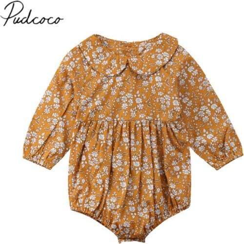 2018 Brand New Spring Autumn Toddler Girls Bodysuits Long Sleeve Flowers Peter Pan Collar Jumpsuits Playsuit Yellow Outfit 0-24M