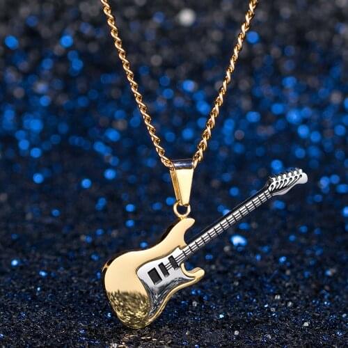 Factory Whole Sale Hippie Rock Style Cool Street Bar Guitar Pendant Necklaces For Men Male Stainless Steel Musical Neck Jewelry