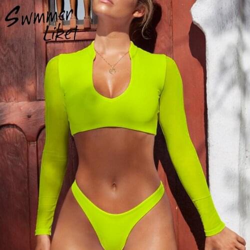 Orange high cut two-piece suits Mesh long sleeve brazilian bikini Push up swimsuit Sexy thong swimwear women bathing suit 2019