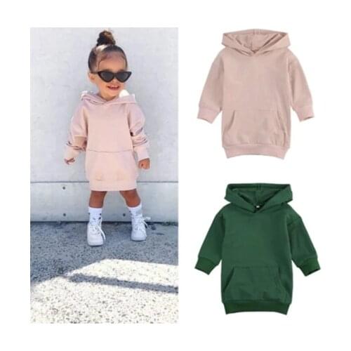 2020 Autumn Fashion Kids Girls Hoodies Dress Outfits 1-5Y Solid Long Sleeve Pullover Pocket Long Length Straight Dress