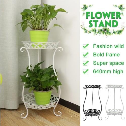 2 Tiers European Wrought Iron Metal Flower Pot Stand Pot Tray Floor Plant Stand for Indoor Balcony Garden Flower Pot Shelf