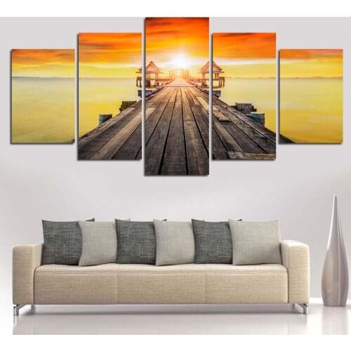 Living Room HD Printed Posters Modern Painting 5 Piece/Pcs Sea Wood Bridge Sunset Scenery Home Decor Wall Art Pictures (No Frame