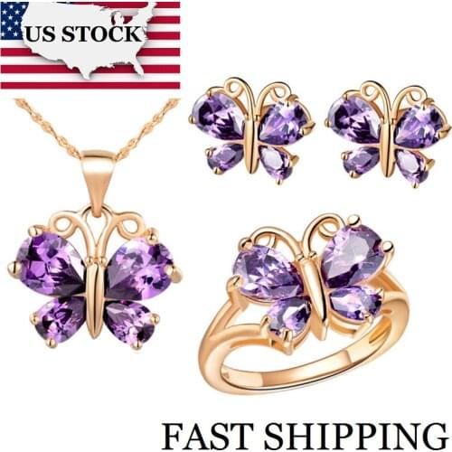 USA STOCK Uloveido Rose Gold Color Butterfly Crystal Jewelry Set for Women Bridal Wedding Purple Earrings Necklace Ring Set T234