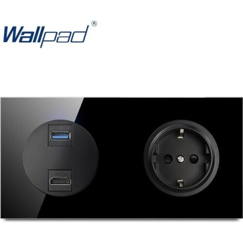 Wallpad L6 Black Tempered Glass HDMI Outlet With EU French Wall Socket Electrical Power Outlet 16A Round Design