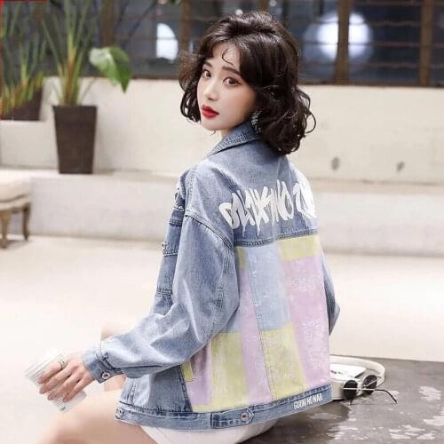Color Matching Denim Jacket Womens 2021 Autumn Spring New Korean Loose Denim Coat Feminina Short Net Red Printed Jacket Trend
