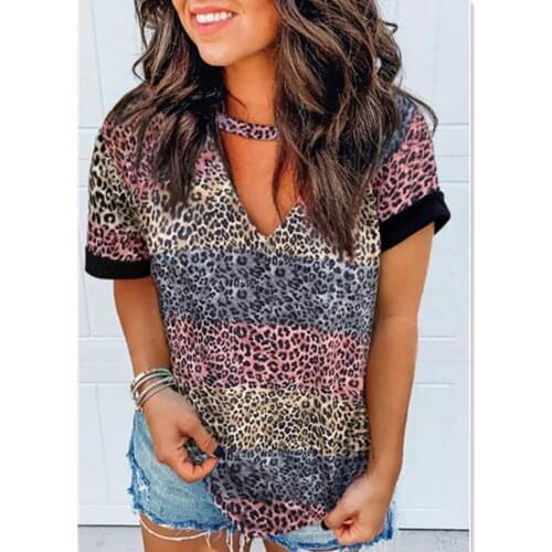Summer 2021 Women‘s V-neck Patchwork Hot Sell Leopard Strap Printed Short Sleeve V Neck Casual T-shirt Tee Verano Mujer #t2g