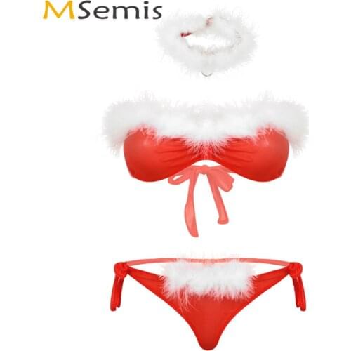 Women Sexy Cosplay Christmas Lingerie Set Erotic Sheer Mesh Feather Trim Santa Baby Costume Strapless Bra with Briefs and Choker