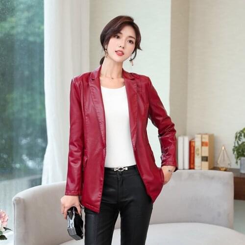 Red Faux Blazer Leather Jacket Oversize Women Female Autumn Zipper Black Green Leather Jacket Plus Size PU Slim Fashion Tops