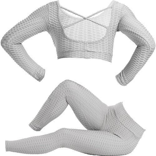 Women Textured Yoga Set Workout Sportswear Gym Clothing Fitness Long Sleeve Crop Top High Waist Leggings Sports Bra Suits