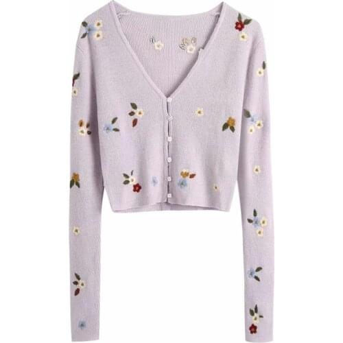 New Pop Women Knit Cardigan V-neckline Long Sleeves Floral Embroidery Sweater Vintage Casual femme vetement ropa mujer