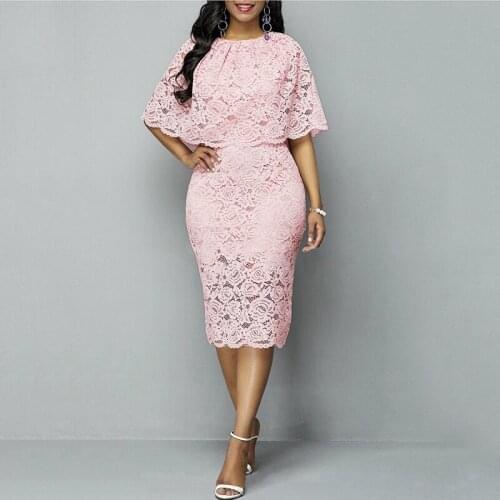 Elegant Pink Lace Dress For Women Batwing Sleeve High Waisted Bodycon Mid Calf Elegant Office Ladies Work Cloth Dress Midi 2021