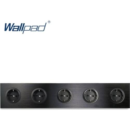 L6 Black Metal Quintuple 5 Way EU German Plug Electrical Outlet Schuko Wall Socket with Brushed Aluminum 430*86mm 5 Port 5 Gang