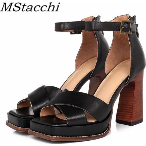 MStacchi Fashion Women Platforms High Heels Sandals For Womens Genuine Leather Thick Heel Pumps Mujer Ankle Buckle Shoes Female