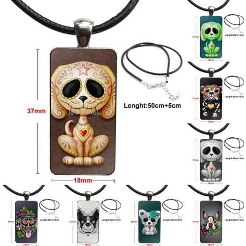 Boston Terrier Day Of The Dead Sugar Skull Dog Design Fashion Vintage Glass Women Rectangle Necklace Pendants For Girls