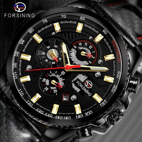 Forsining Watch Men Sport Mechanical Wristwatch Automatic Self-Wind Clock Date 3 Dials Shiny Leather Business Waterproof Relogio