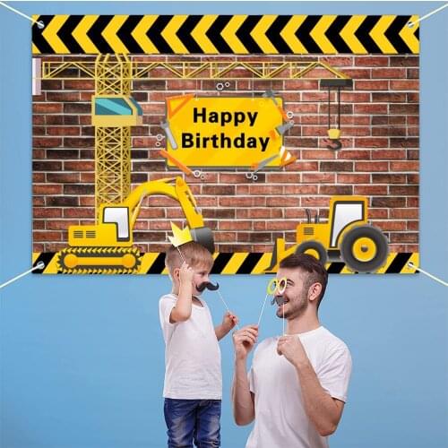 Children Happy Birthday Backdrop Banner Excavator Construction Site Background Birthday Decoration Party Supplies for Boys Kids